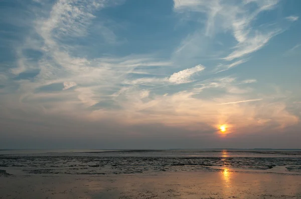 Waddensea приливних квартири болота на заході сонця, Німеччина — стокове фото