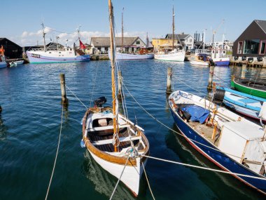 Ebeltoft, Danimarka - 9 Ağustos 2025: Ebeltoft, Jutland, Danimarka 'nın küçük balıkçı limanına demirlemiş balıkçı tekneleri