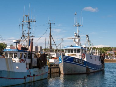 Grebbestad, İsveç - 22 Ağustos 2025: Grebbestad limanında yan yana demirlemiş balıkçı gemileri, Bohuslan, İsveç