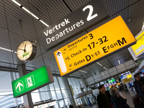 Schiphol Amsterdam Airport departure terminal signs, Holland — Stock Photo, Image