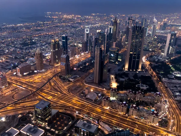 Aerial twilight view of downtown Dubai from Burj Khalifa — Stock Photo, Image