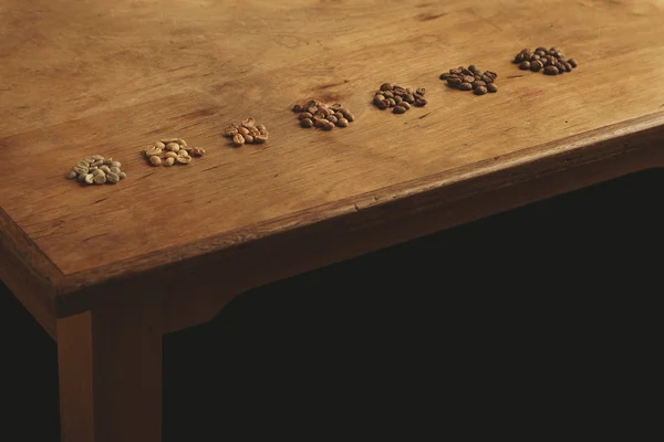 Свежий кофе показывает семь различных сортов обжига изолированных древесины — стоковое фото