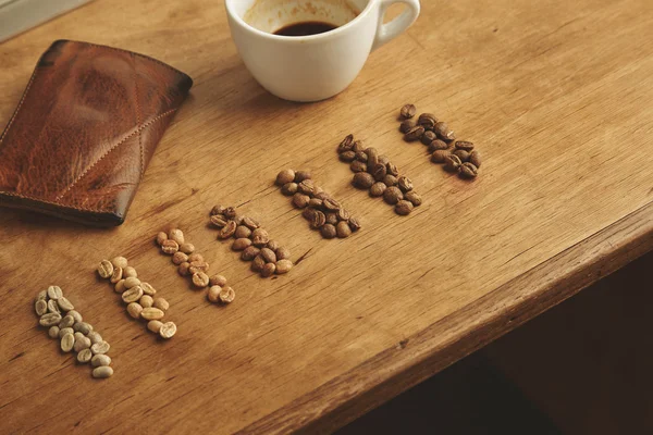 Grados tostado café cerca de cuero cartera café expreso taza de madera — Foto de Stock