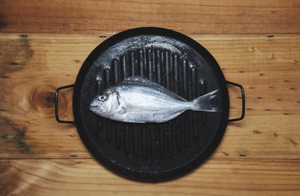 Brème de mer sauvage fraîche sur une poêle prête à cuire, isolée sur du rus — Photo