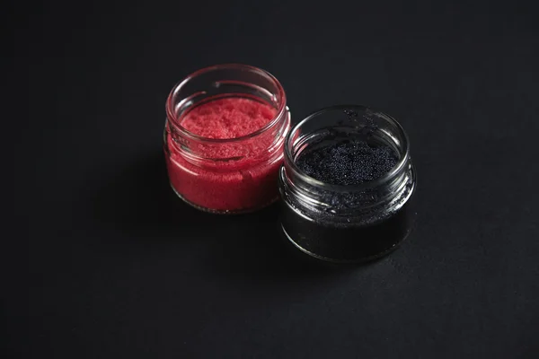 Jars with red and black caviar — Stock Photo, Image