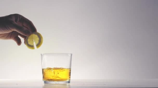Main met tranche de citron pour décorer tasse en verre — Video