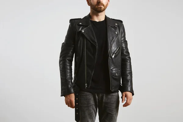 Biker in black blank t-shirt and leather jacket — Stock Photo, Image