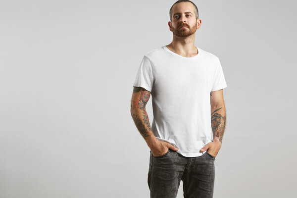 tattooed bearded guy in blank white t-shirt