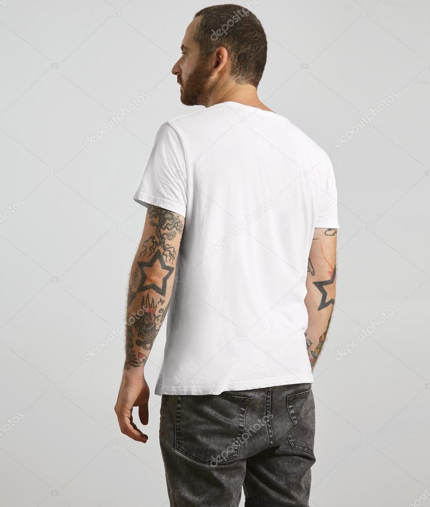 guy poses backside in white t shirt stock photo guy poses backside in white t shirt stock photo