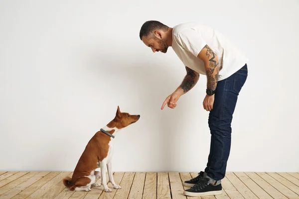 Man gives command to dog — Stock Photo, Image