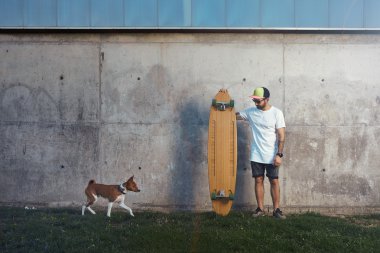Gri beton duvarın yanında basenji köpek ile Longboarder