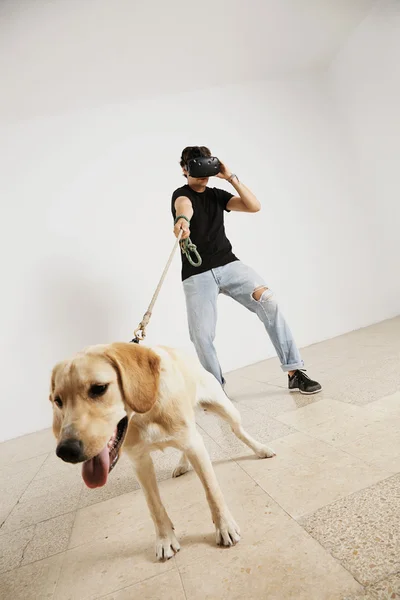 Man in VR glasses holding a dog leash — Stock Photo, Image
