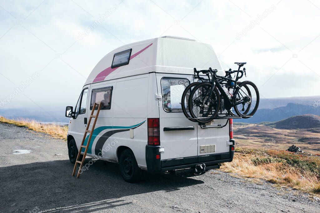 Vintage hipster camping van, vanlife concept