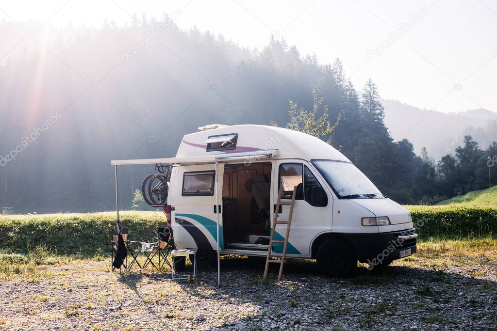 Vintage hipster camping van, vanlife concept