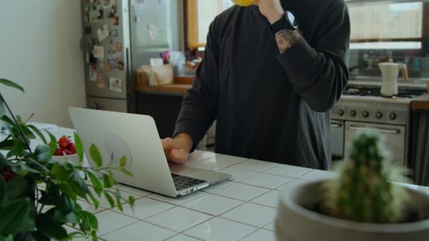 Hipster férfi dolgozik laptop konyha otthon hangulat — Stock videók