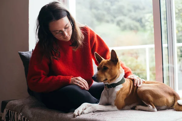 Evdeki kanepede genç bir kadın ve şirin bir köpek. — Stok fotoğraf