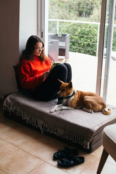 Fiatal nő és aranyos basenji kutya kanapén otthon — Stock Fotó