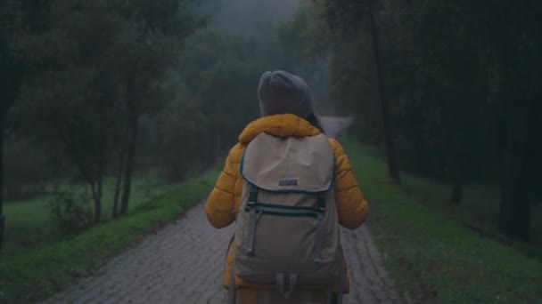 젊은 여자 가 숲이나 공원을 산책하는 블로거 — 비디오