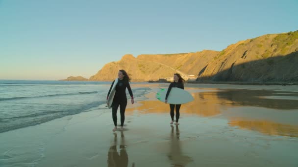 Dos amigas surfistas pasan el rato en la playa épica — Vídeo de stock