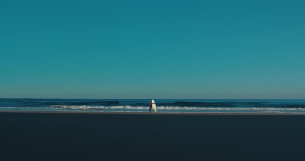 Kis figura női szörfös az epikus tengerparton — Stock videók