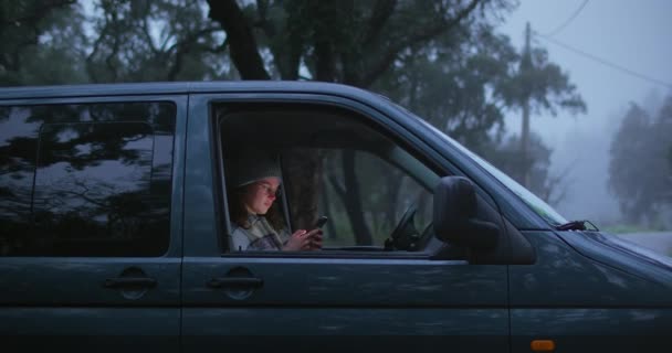 Γυναίκα κάθονται στο εσωτερικό του αυτοκινήτου, οθόνη φωτισμένο πρόσωπο με τηλέφωνο — Αρχείο Βίντεο