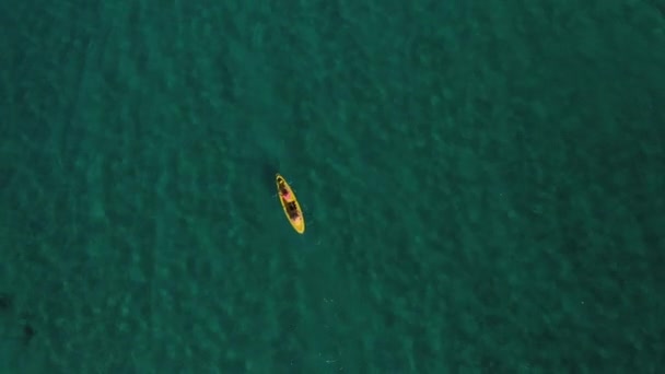 Aerial drone shot de amigos kayak en el océano — Vídeos de Stock