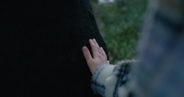 Kadın orman yangınından sonra yanan ağaç gövdesine dokundu.