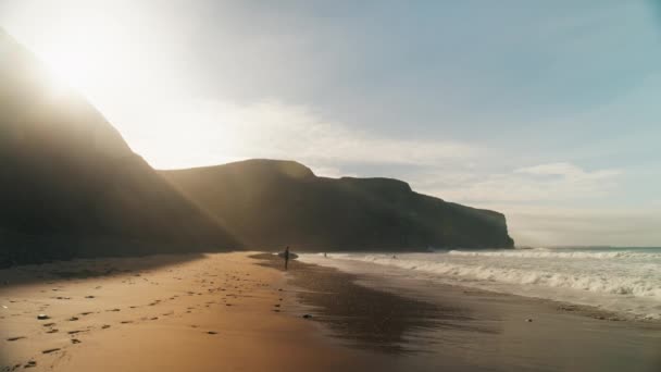 Playa cinemática del océano con surfista de pie en el sol — Vídeos de Stock