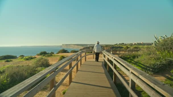 Старший літній чоловік ходить прогулянками по дерев'яній дошці — стокове відео