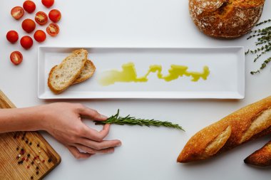 composition with bread, olive oil, tomatoes cherry, pepper clipart