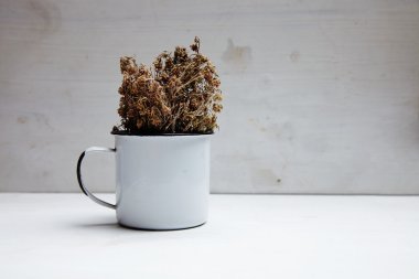 Beyaz fincan kurutulmuş baharatlı ot