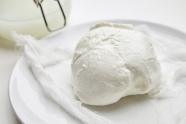 Close up fresh buffalo mozzarella in front of jar with brine clipart