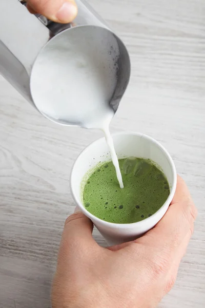 Matcha latte preparation step six — Stok fotoğraf