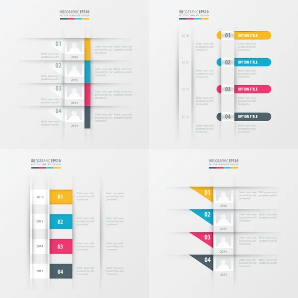 Tijdlijn vector design 4 item geel, blauw, roze kleur — Stockvector