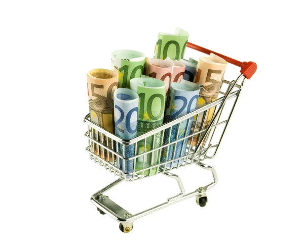 Carrito de compras con billetes — Foto de Stock