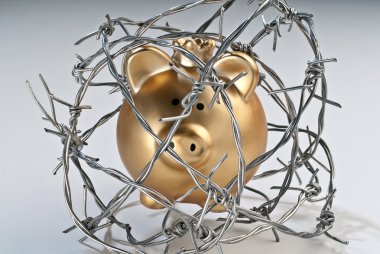 Golden piggy bank behind barbed wire clipart