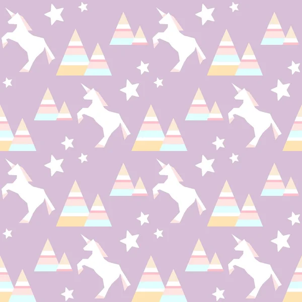 Patrón de repetición con unicornios, colinas y estrellas sobre fondo púrpura — Vector de stock