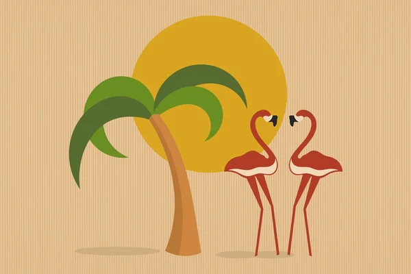 Zomer achtergrond - palmboom, zon en twee Flamingo 's Rechtenvrije Stockvectors