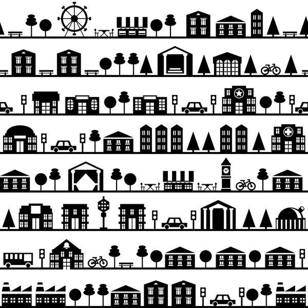 Naadloze patroon zwart-wit met stad gebouwen silhouetten, stedelijk landschap Vectorbeelden