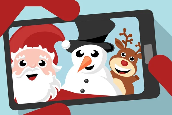 Santa claus, snowman and reindeer taking a selfie photo — Stock Vector