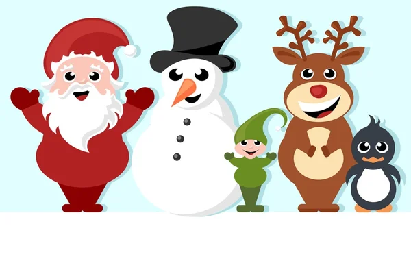 Sfondo natalizio con Babbo Natale, pupazzo di neve, elfo, renna e pinguino — Vettoriale Stock