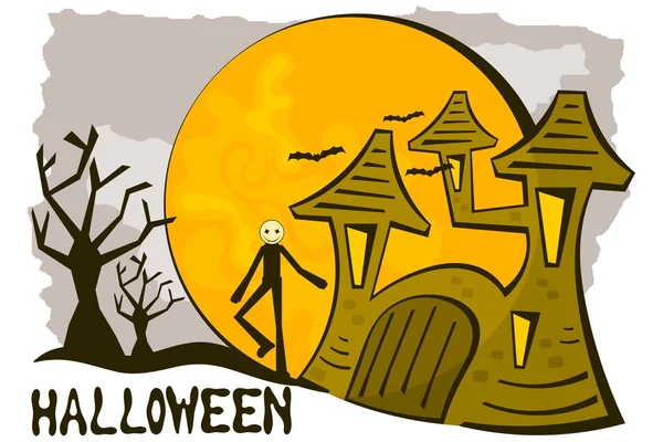 Halloween karikatura pozadí s strašidelný dům a strašák — Stockový vektor