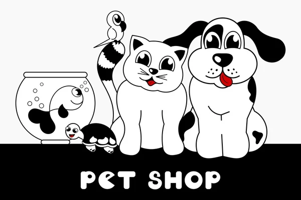 Letrero de la tienda de mascotas con animales de dibujos animados - perro, gato, pájaro, pescado y tortuga — Vector de stock