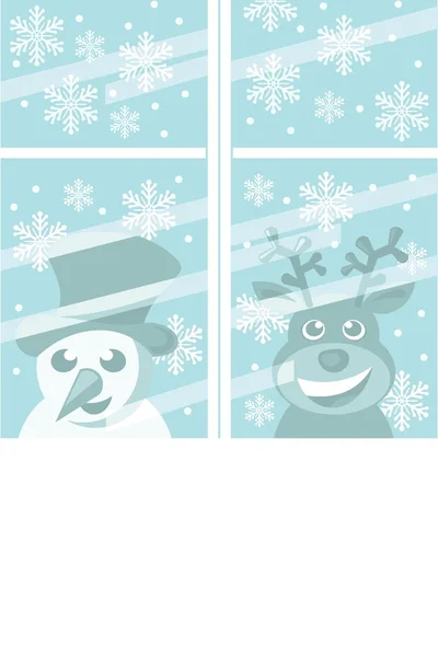 Escena de Navidad - muñeco de nieve de dibujos animados y renos mirando a través de la ventana — Vector de stock