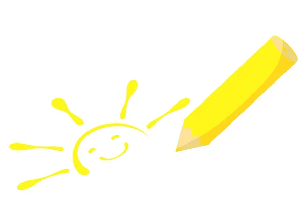 Yellow pencil drawing sun — Stock Vector