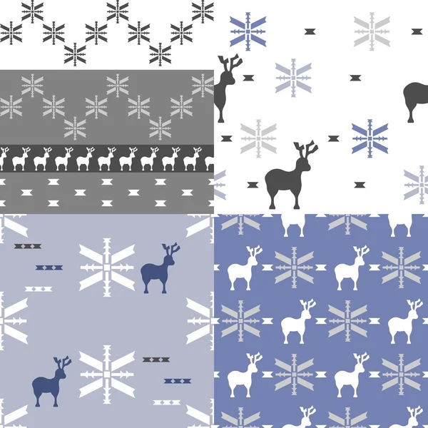 Colección de cuatro patrones repetibles temáticos de invierno con renos y copo de nieve — Archivo Imágenes Vectoriales
