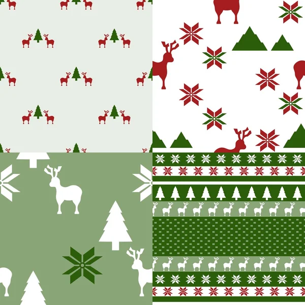 Colección de cuatro patrones repetitivos temáticos de invierno en colores verde y rojo — Archivo Imágenes Vectoriales