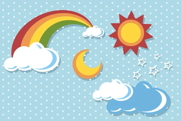 Γελοιογραφία καιρικό εικονίδιο που - ουράνιο τόξο, ήλιος, φεγγάρι και σύννεφα — Διανυσματικό Αρχείο