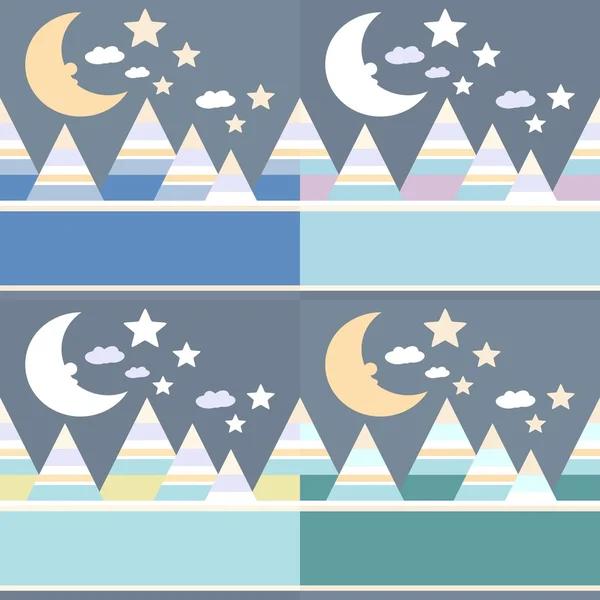 Samling av fyra natten landskap seamless mönster med månen, bergen och stjärnor — Stock vektor