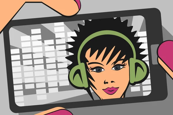 Menina com fone de ouvido verde tomando selfie —  Vetores de Stock